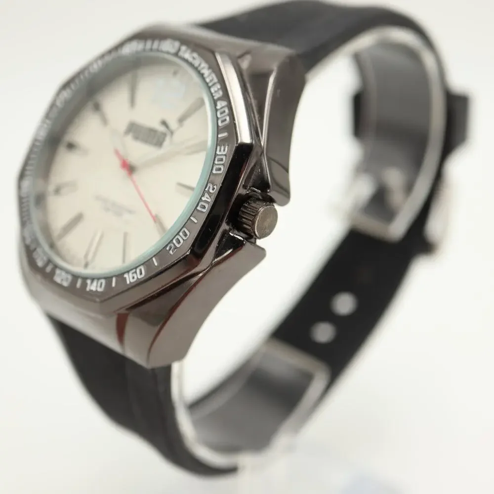 Puma Men's Black Sport Analog 44mm Watch White Dial Silicone Strap w New Battery